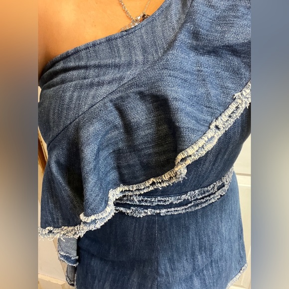ALEXIS Denim Romper One Shoulder Asymmetrical Ruffle Jean Short JumpSuit BLAKELY - Picture 9 of 15